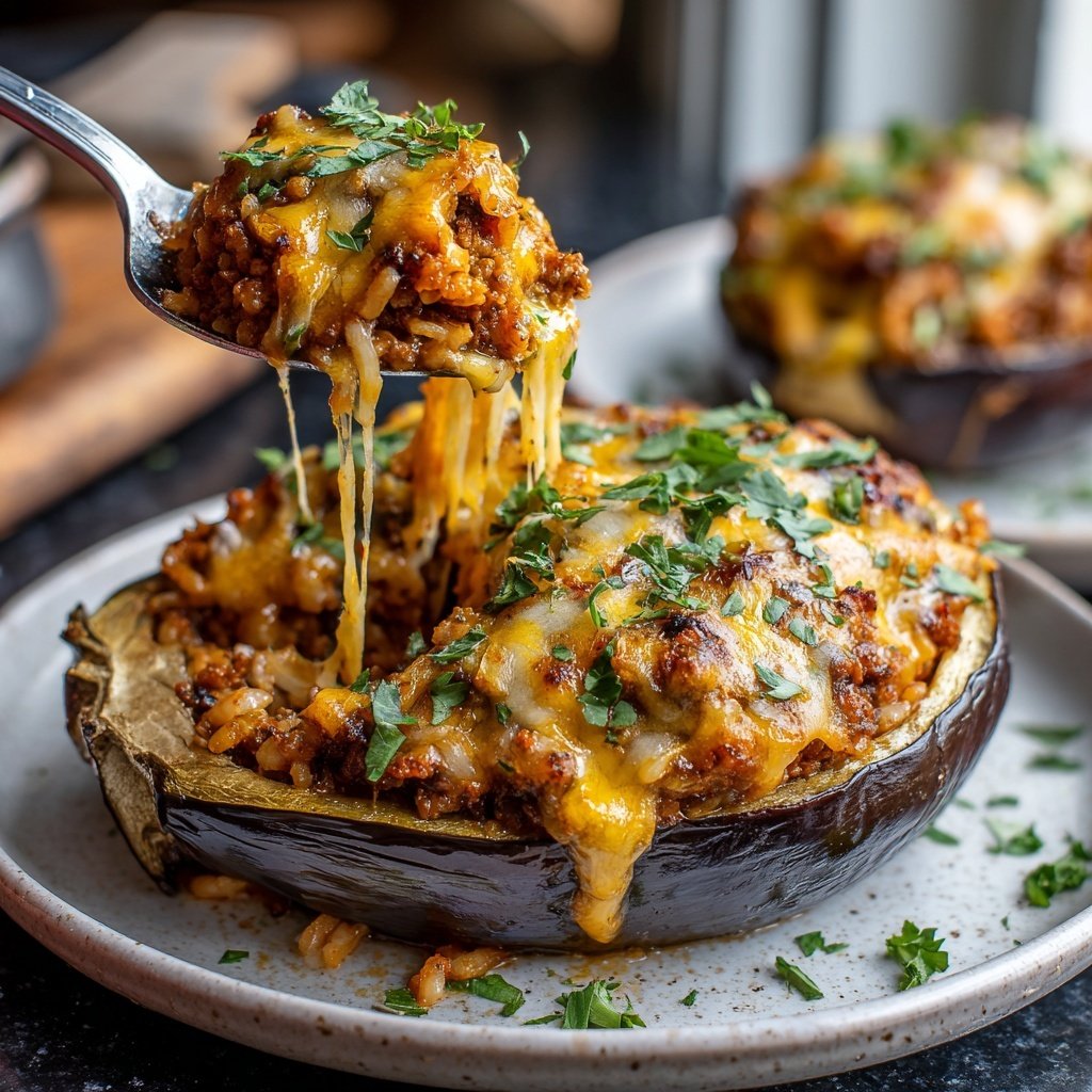 Ground Beef And Rice Stuffed Eggplant